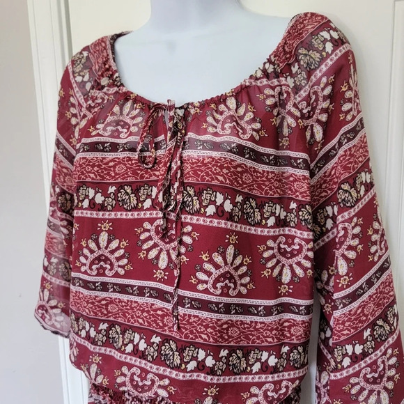 Calvin Klein Boho Red Print 3/4 Sleeve Gathered Waist Sheer Lined Dress Size M - Picture 2 of 12